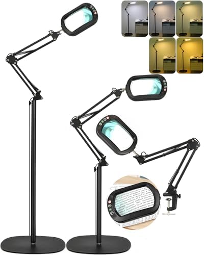 10X Rectangle Magnifying Glass with Light and stand, 5*3 Inch Real Glass 5 Color Modes Stepless Dimmable Arm Swing LED Floor Lamp, 3-in-1 Large Lighted Magnifier for Reading Painting Craft Close Work