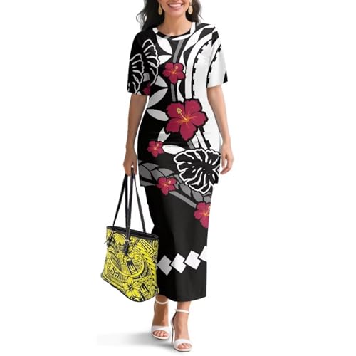 Image of Polynesian Dress for Women Short Sleeve High Waist Maxi Skirt | Puletasi dress, t-shirt and skirt two-piece, elastic material, lightweight, soft, plus size, luau party, wedding, clubwear