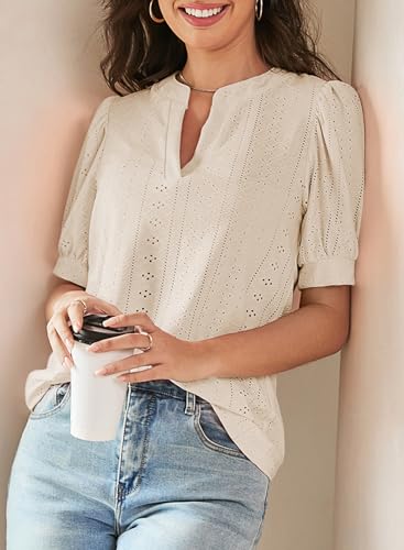 Image of Dokotoo Womens Blouses V Neck Puff Short Sleeve Business Casual Tops