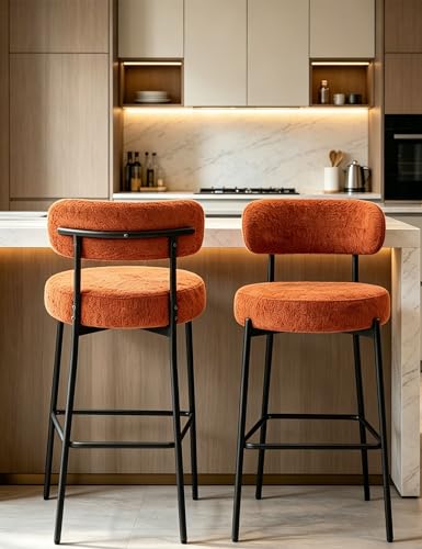 DYHOME Bar Stools Set of 2 Orange 28 Inches Counter Height Bar Stools Modern Boucle Upholstered Barstools with Back for Kitchen Island Bar