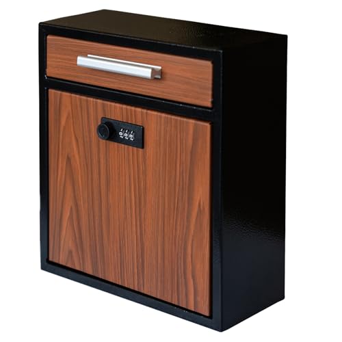 Combination Lock Mailbox, Wood Vintage Metal Mailboxes for Outside, Security Drop Box with Lock, Heavy Duty Thickened Large Capacity Mounted Mailbox Brown Combination Lock L