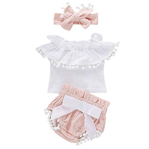 DaMohony, Vestitino Estivo per Bambina, Top Camicia + Pantaloncini + Fascia per Capelli per Bambine da 0 a 24 Mesi Rosa 100 cm