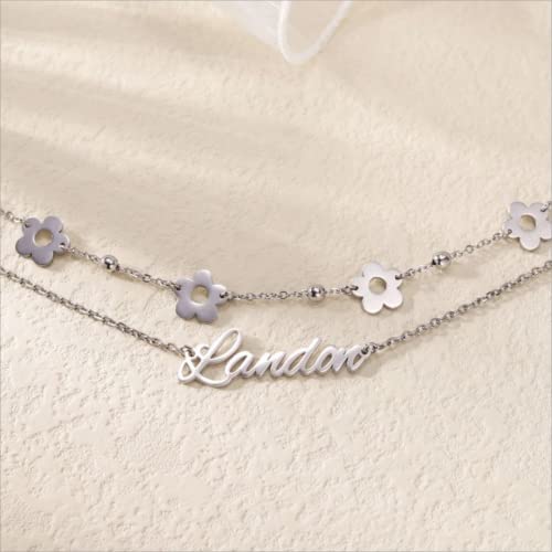 Teeuidsya Personalized Name Anklet Bracelet For Women, 925 Sterling Silver Custom Double Layered Flower Anklet, Adjustable Graduation Birthday Christmas Wedding Gifts For Girls Best Friend Girlfriend 6.5"-8.5"/8"-10" (Sterling Silver) #TOP4