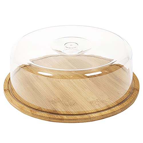 Acan - Quesera redonda rústica con tapa de plástico y base de bambú, 28 x 9,4 cm, ideal para quesos y embutidos