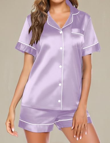 Image of Ekouaer Pajamas for Women Set Silk Satin Pjs Button Down Sleepwear Summer Loungewear Top and Shorts Lounge Set S-XXL