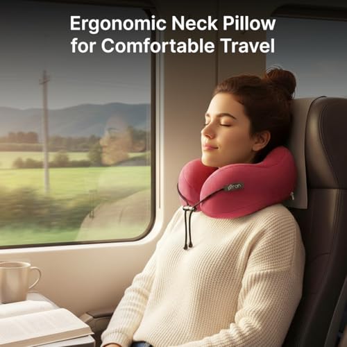 Image of pTron Ergova S4 Travel Neck Pillow, Hi-Per Memory Foam, Lightweight Neck Support Pillow, Ideal for Flight, Car & Travel Comfort, Carry Zip Pouch (Maroon)