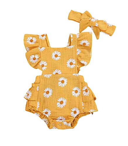 Image of Baby Girls Floral Cotton Leotard Romper Newborn Daisy Playsuits Ruffled Sleeve Onesie Infant Jumpsuit Clothes Headband