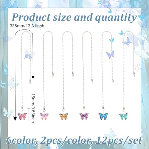 Image of 12 Pcs Enamel Butterfly Ceiling Fan Pull Chain Extender, 6 Colors 13.3inch(33.8cm) Adjustable Decorative Extension Connector Alloy Fan String Chain Ornaments for Lighting Lamp Fan Decor