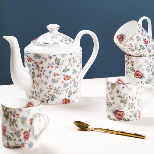 Image of GOLDEN QUEEN'S Handcrafted Tea Cups & Kettle - Set of 6 Cups & 1 Kettle | Ideal for Everyday Tea and Coffee, Hosting Friends & Family - Pink Shrub