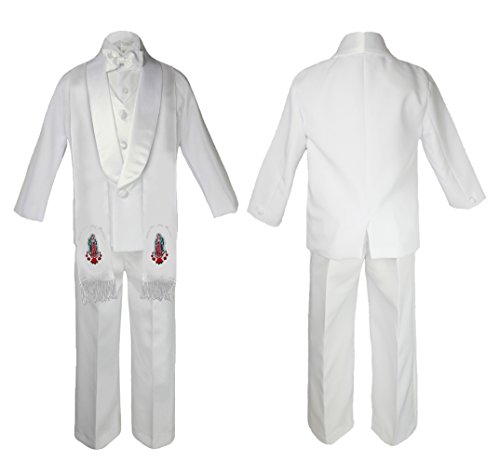 Image of Baby Boy Christening White Shawl Lapel Suit Silver Virgin Mary on Stole SM-20