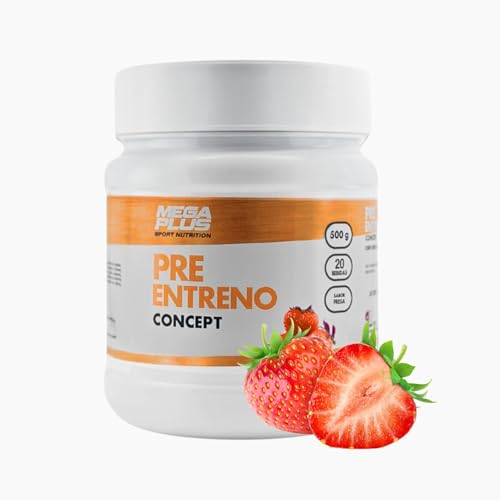 Polvo Pre Entrenamiento - Mega Plus Concept - Batido potente pre workout con cafeina, taurina, vitaminas, sodio, potasio... - Aporte extra de energía - Recuperador muscular - 500 g (500 g, Fresa)