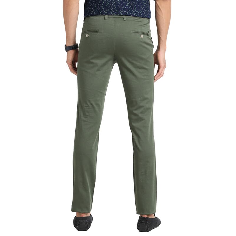Image of Turtle Men Cotton Stretch Olive Printed Narrow Fit Flat Front Casual Trouser