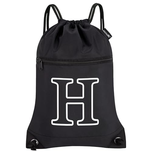 Image of HOLYLUCK Drawstring Bags Initial Backpack Sackpack Cinch Bags for Sports, Gym, Travel, Beach (Black-H)