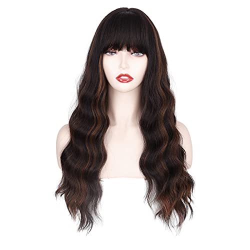 MERISIHAIR Long Dark Brown Highlight Wig with Bangs, Long Wavy Wigs for Women Highlights Wig,Natural Looking Heat Resistant Synthetic Wigs Daily Party Use(Mixd Brown)
