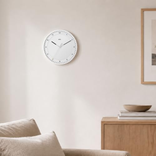 Image of Braun Classic Large Glass Analogue Wall Clock with Silent Sweep Movement, Easy to Read, 30cm Diameter in Black, Model BC17B.