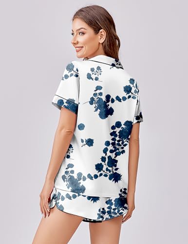 Image of Ekouaer Silk Satin Pajamas 2 Piece Silky Pjs Short Sets Sleepwear Button Down Loungewear for Women White Floral Medium