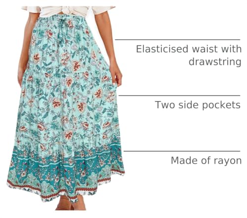 Image of ZESICA Women's 2026 Summer Bohemian Floral Printed Elastic Waist A Line Maxi Skirt with Pockets