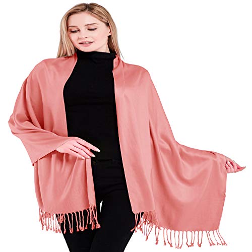 CJ Apparel Coral Pink Solid Color Pink Tassels Design Nepalese Shawl Seconds Scarf Wrap Stole Throw Head Wrap Pashmina Hand Made in Nepal New Pashmina New