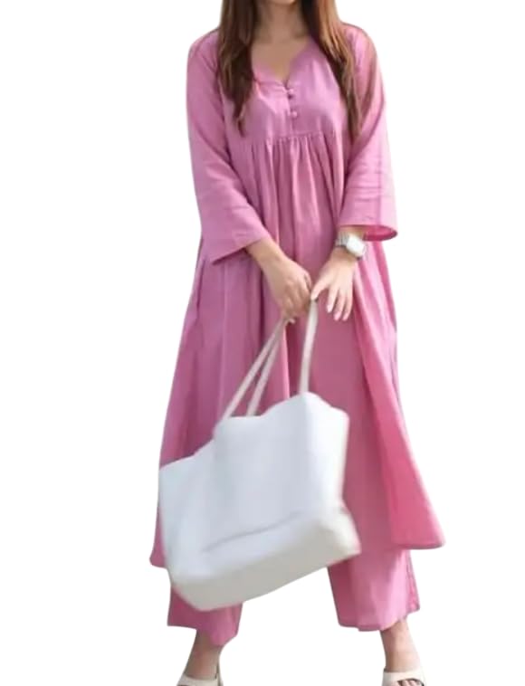 Trendy Cotton Slub Coord Set for Women | Pleated Buttoned A-Line Gown Style Kurta with Pant (IN, Alpha, L, Regular, Pink)