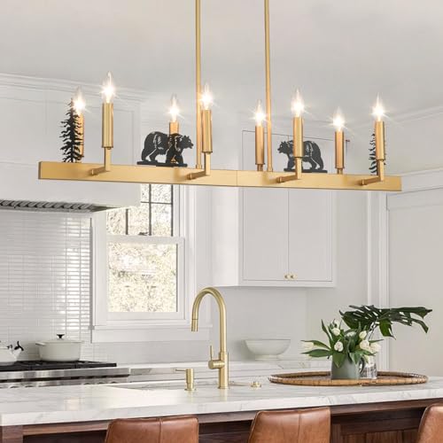 HermnJakk Black and Gold Linear Chandelier for Dining Room, Rustic Kitchen Island Lighting,Farmhouse Rectangular Chandelier for Dining Room Kitchen Island,Bulbs Not Included(40-Inch,8-Light)