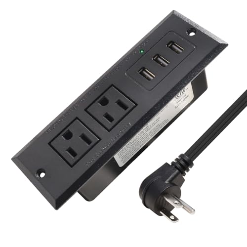 Desktop Recessed Power Strip with USB Flush Mount Power Socket 2 Outlets 3 USB Ports (15W/3A) Flat Plug Charge Station for Table Cabinet Sofa Counter