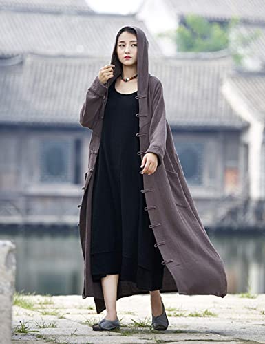 Women's Long Trench Coat Cotton Linen Hoodie Jacket Chinese Style Outwear with Pockets2