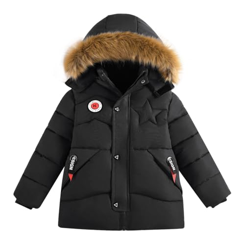 linboo Enfant Manteau Garçon Doudoune à Capuche Fourrure Chaud Blouson Veste d'Hiver Vêtement d'Extérieur, Noir, 9-10 ans(Taille du fabricant: 140)