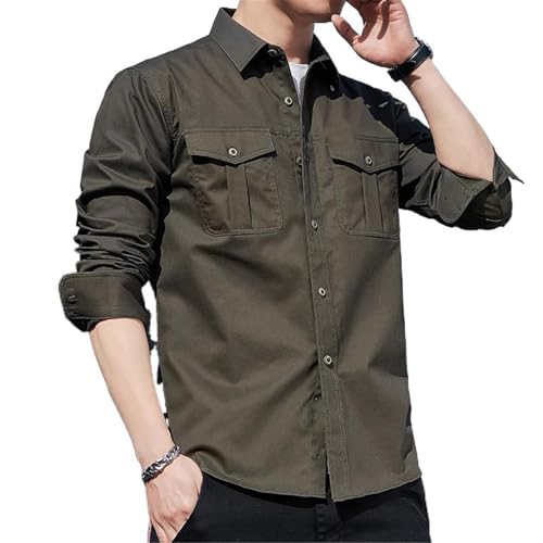 Chemise homme coton workwear d'été à manches longues unie coupe loose casual