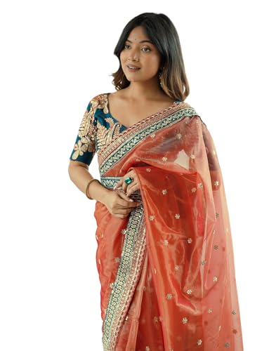 Image of SIRIL Women's Net Sequence Embroidered Saree With Unstitched Blouse