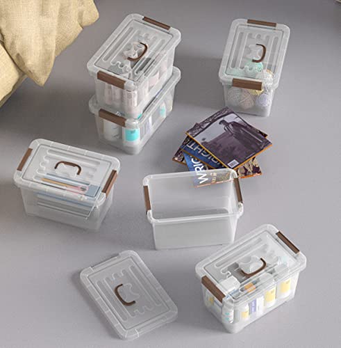 Image of WYT 6-Pack Clear 7 Quart Storage Latch Box /Bins, Plastic Stackable Latching Box with Brown Handle and Lid, Multi-Purpose, 7 Litre