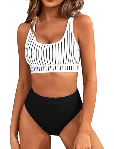 Image of BMJL Women's High Waisted Bikini Sets Sporty Two Piece Swimsuits Color Block Tummy Control Modest Bathing Suit