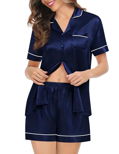 SWOMOG Couples Matching Pajamas Set Satin Short Sleeve Button Down Tops Silk Shorts Pj Lounge Set Soft Sleepwear3