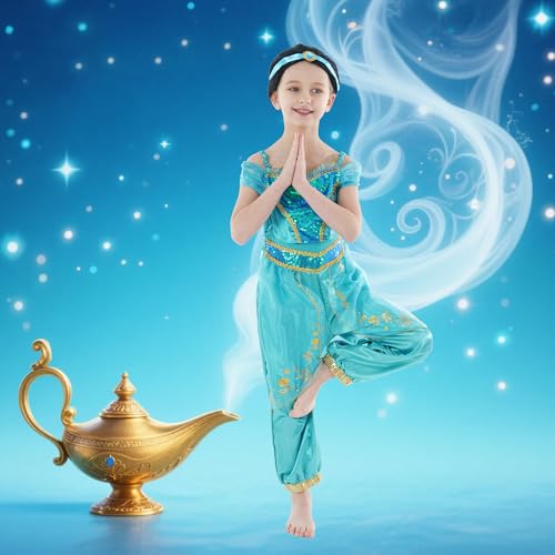 Wizland Girls Sequined Princess Dress with Wig, Blue-Green Arabian Style Costume Set, Kids Fancy Dress Outfit for 5-6 Years - Image 4