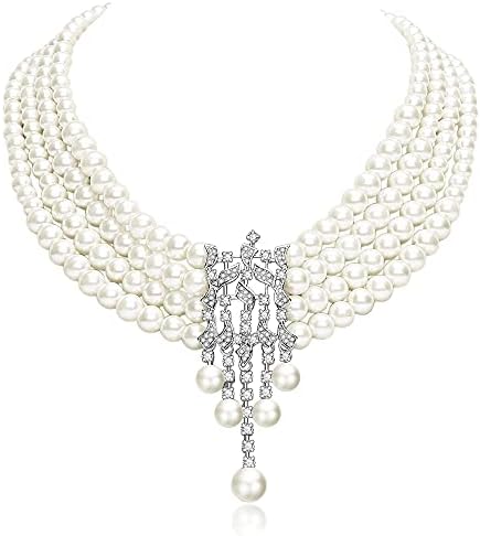 BABEYOND 1920s Gatsby Pearl Necklace Vintage Bridal Pearl Necklace Earrings Jewelry Set Multilayer Imitation Pearl Necklace with Brooch