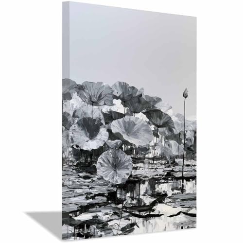 Peinture sur toile noir et blanc lotus gris 40x60cm encadrée XENIOU