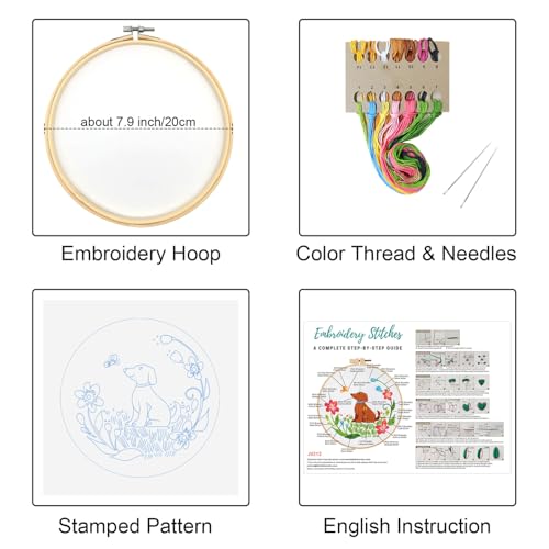 Image of Louise Maelys Dog Embroidery Kits for Beginners with Floral Pattern,Cross Stitch Kit for Adults DIY Needlepoint with Embroidery Instructions