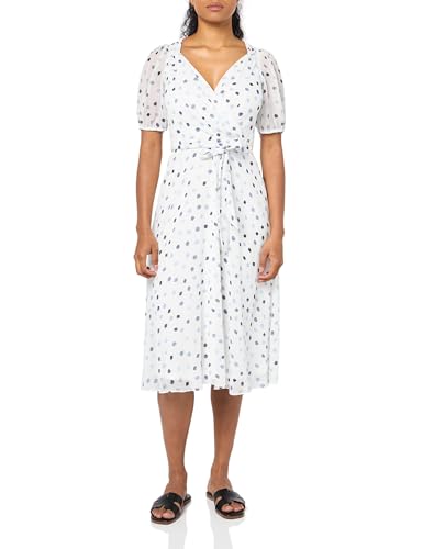 DKNY Women's Short Sleeve V-Neck Tie Waist Midi Dress, Cloud Combo, 8 -  DD4BI44A-DO1-8