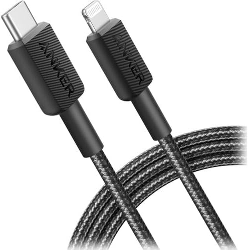 Cable USB-C a Lightning 322 Cable cargador de iPhone trenzado con certificación MFi para iPhone 15, 14, 13, 12, 11, iPad, AirPods – Cable de sincronización de datos de carga rápida y duradera de larga longitud – Negro, 6 pies