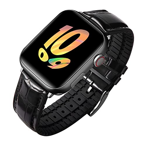 BINLUN Compatible with Apple Watch Strap 38mm 40mm 41mm 42mm Alligator PatternLeather Silicone Hybrid Replacement Band Compatible with iWatch SE Series 11/10/9/8/7/6/5/4/3/2/1,Black - Image 2