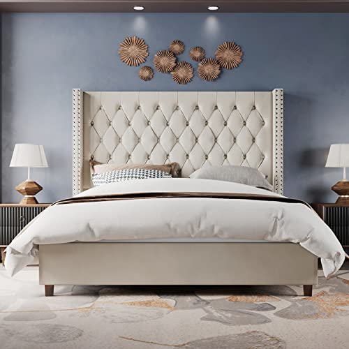 Jocisland JLGQ70G Velvet Upholstered Bed Frame Queen Size 61.4 Inch Tall Headboard Queen Bed Frame/Deep Button Tufted/No Box Spring Needed/Cream thumb #2