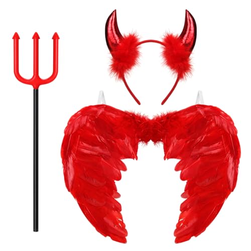 Aurasky Asas de anjo vermelhas, chifres ridente, asas , disfarce anjo vermelho, disfarce mulher, asas para crianças adultos máscara Halloween carnaval cosplay festa
