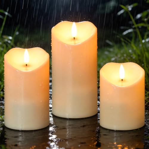 Image of Solar Candles Outdoor Waterproof, Flameless Flickering Pillar Candles 3 Pack 4 inch 5 inch 6 inch, IP65 Solar Powered Dusk to Dawn Sensor with 30+ Hours Long Lasting fo Patio Garden Yard Deck Decor