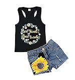 2pcs/Set Toddler Kids Baby Girl Sleeveless Floral T-Shirt Top Sunflower Denim Jeans Shorts Outfits 1