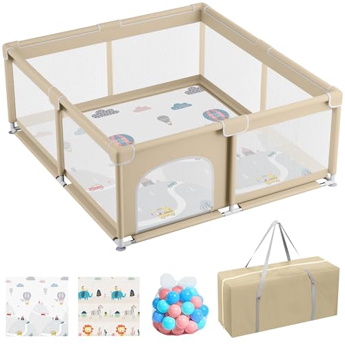 JUPPLIES Parque Infantil Bebe 120x120cm + Alfombra Bebe + 50 Bolas + Bolsas de Transporte – Corralito Bebe con Malla Transpirable – Parque de Juegos Bebe – Playpen Bebe - (Beige)