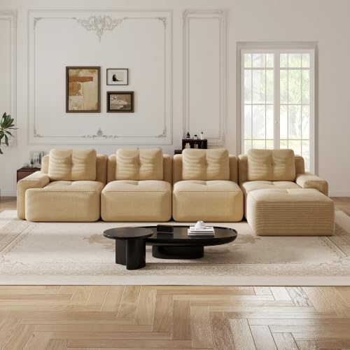 Image of 153 inch L-Shaped 4-Seater Modular Boneless Couch with Ottoman, Soft Corduroy Cloud sectional Sofa, Oversized Deep Seat, No Assembly Anti-Slip Stable Sofa, Camel