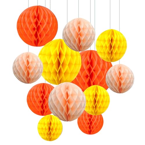 ZYOOO Lot de 12 Boules en nid d'abeille Jaune et Orange,Papier Pompom pour Jaune Orangé fête Décorations,Fête Célébration de Diplôme,Automne,de...