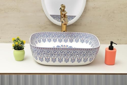 Image of Archstone Wash Basin for Bathroom-1 Year Warranty- Tabletop Washbasin - Ceramic Glossy Rectangle Designer Moroccan Countertop Vessel Sink, Dining Hall & Vanity 33x45x14.5 cm (Blue Moroccan)