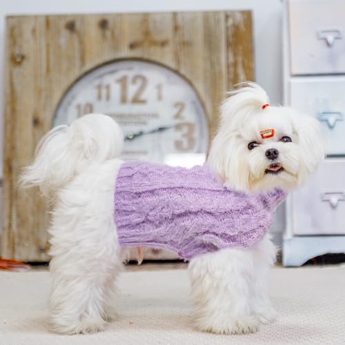 Image of Turtleneck Small Dog Sweaters - Classic Cable Knitwear Winter Coat for Small Medium Dogs Male Female Puppy Dog Cold Weather Clothes Girls Boys, Purple, M