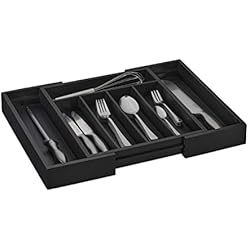 Relaxdays Cubertero Cajón Bambú, Extensible, 7 Espacios, Organizador Cubiertos, Negro, Madera, 5,5x31,5-48,5x37 cm