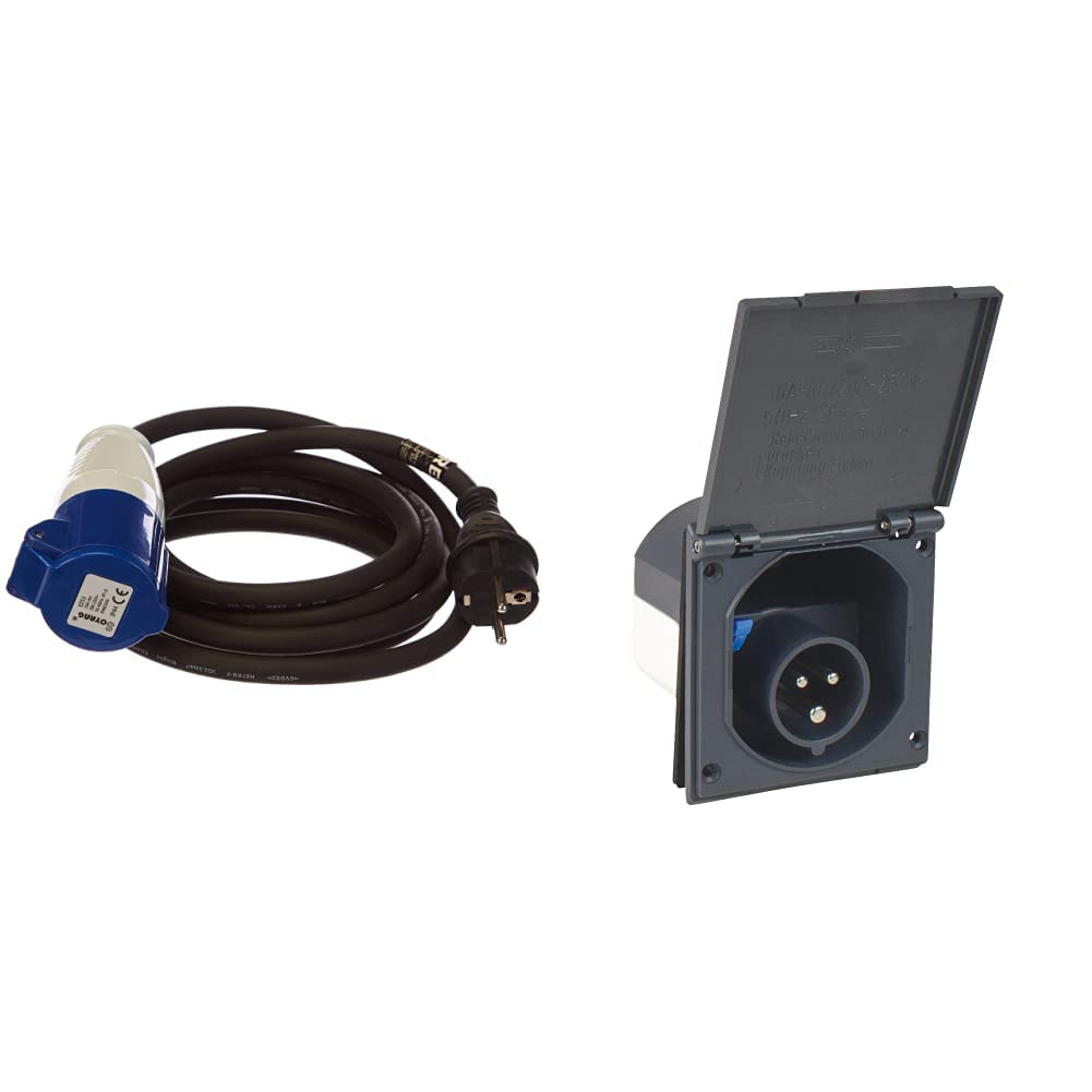 Perel CÂBLE Adaptateur avec FICHE SCHUKO vers Prise CEE - 3 m & as – Schwabe Prise d'alimentation CEE pour Caravanes – 230V / 16A – Prise à 3 Broches avec Couvercle – Utilisation en Extérieur – IP44